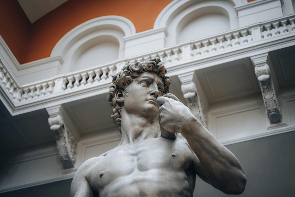 Close-up of Michelangelo's Statue of David exhibited in a London museum.